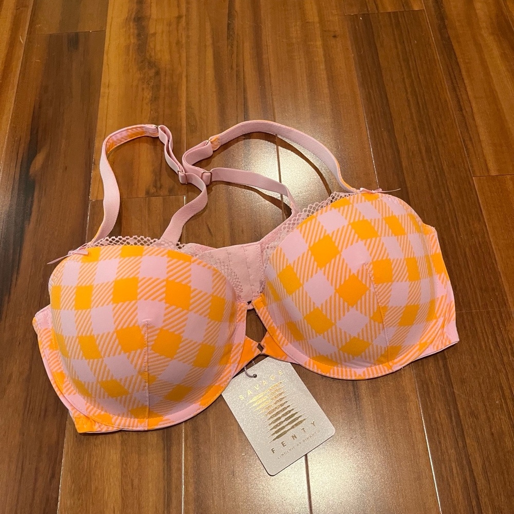 New NWT Savage x Fenty Orange Plaid Bra Underwire Intimates Lingerie Size 36DD